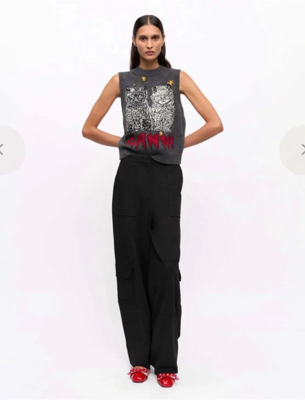 GANNI Twill Suiting Cargo Pants Size 0 Black Wide Leg High Rise Utility